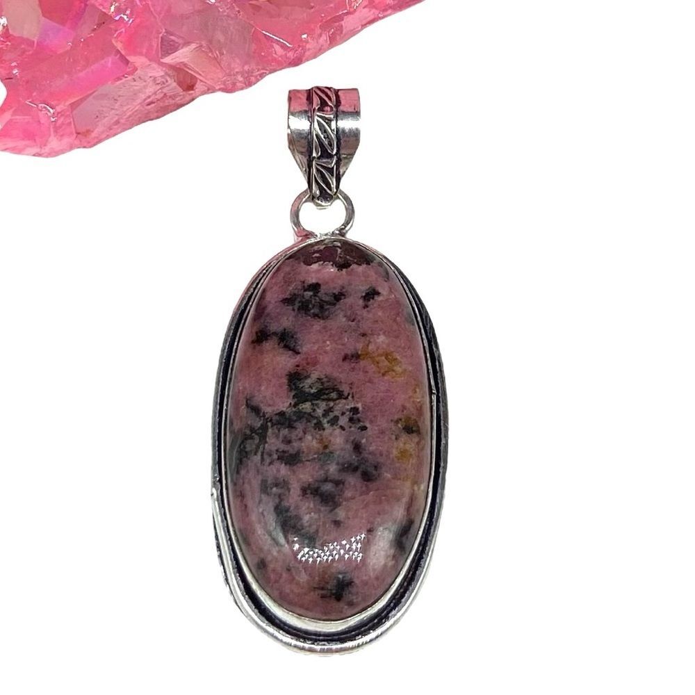 Rhodonite Necklace Pendant 925 Sterling Silver Overlay Pink Natural Stone Oval